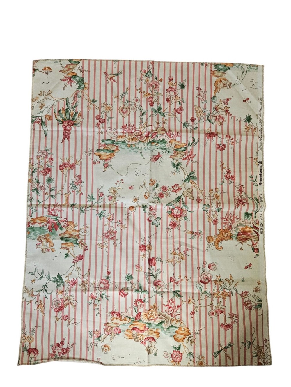 Brunschwig & Fils "Siren Song" Floral And Stripes Fabric 35x27.5 Pink Cream